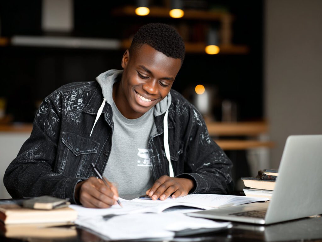athletic high school student studying with laptop